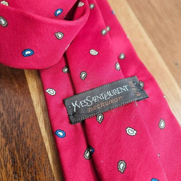 Yves Saint Laurent YSL Tie Red Blue Mini Paisley Print 100% Silk USA Made Gift - Picture 2 of 12